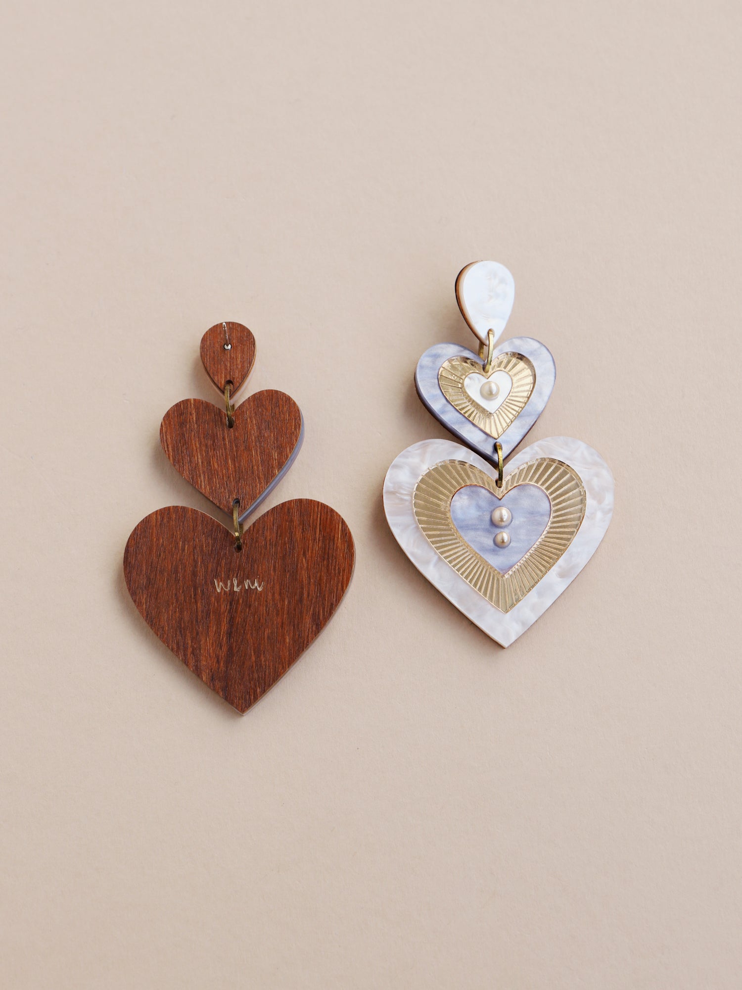 Blue, white & gold heart statement earrings. Made from acrylic with high quality glass pearl detail and sterling silver earring posts & butterflies. Handmade in the UK by Wolf & Moon.