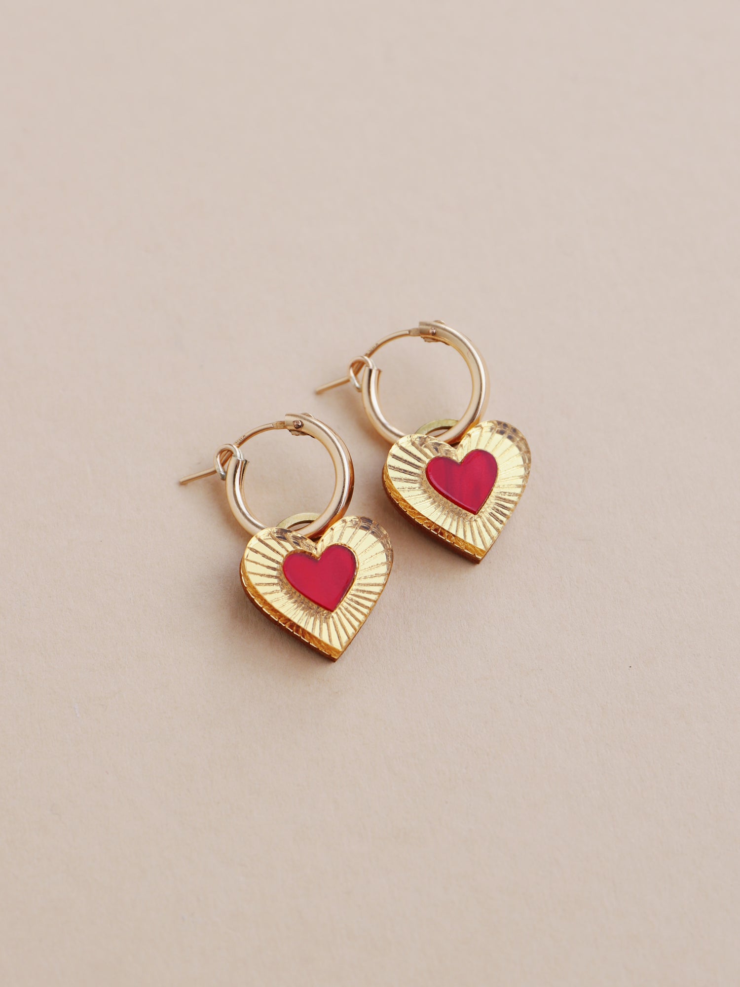 Red & gold heart hoop earrings. Made from acrylic and 14k gold-filled findings & hoops. Handmade in the UK by Wolf & Moon.
