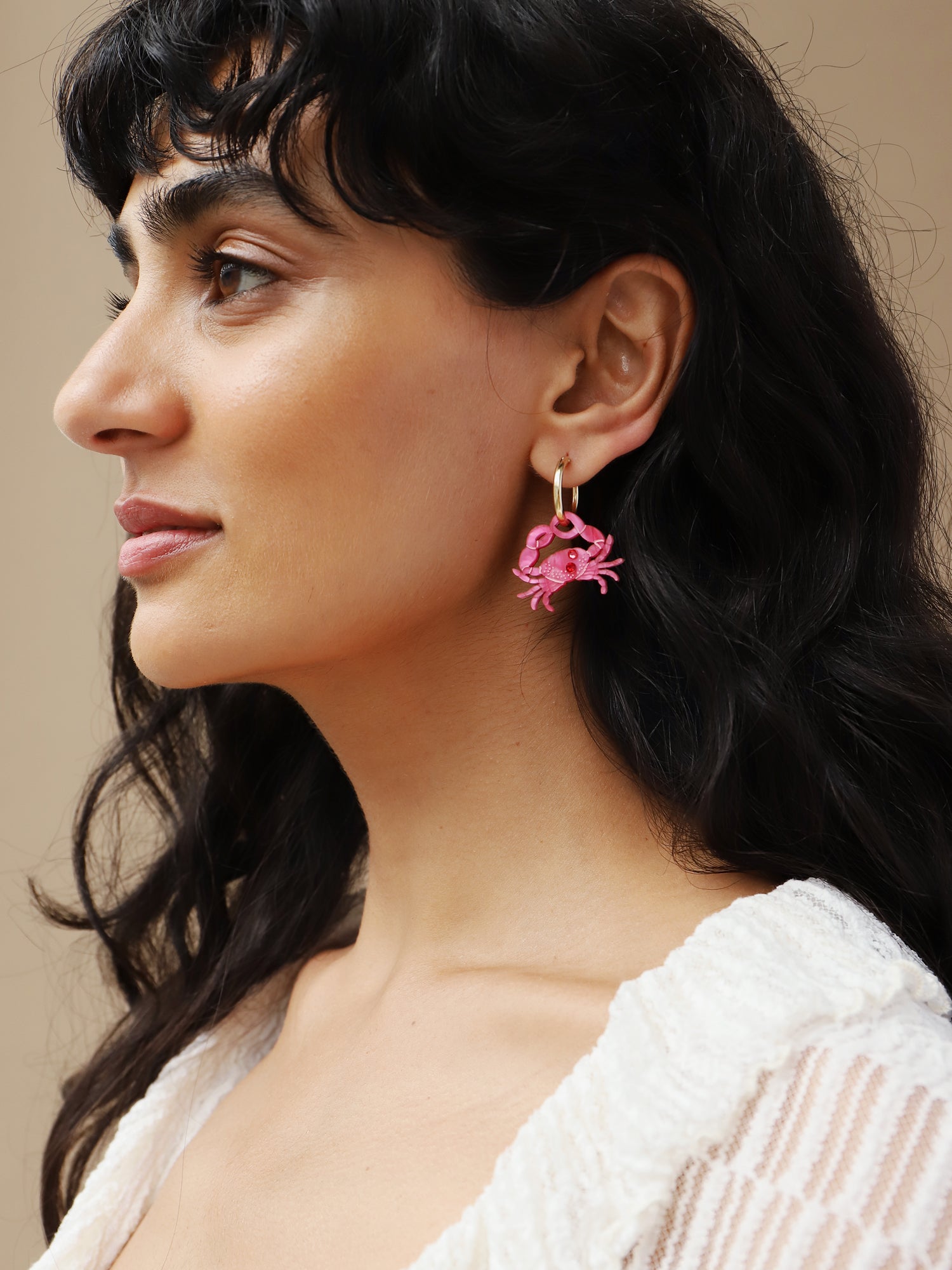Pink crab hoop earrings. Made from acrylic with high quality glass crystals and 14k gold-filled findings & hoops. Handmade in the UK by Wolf & Moon.