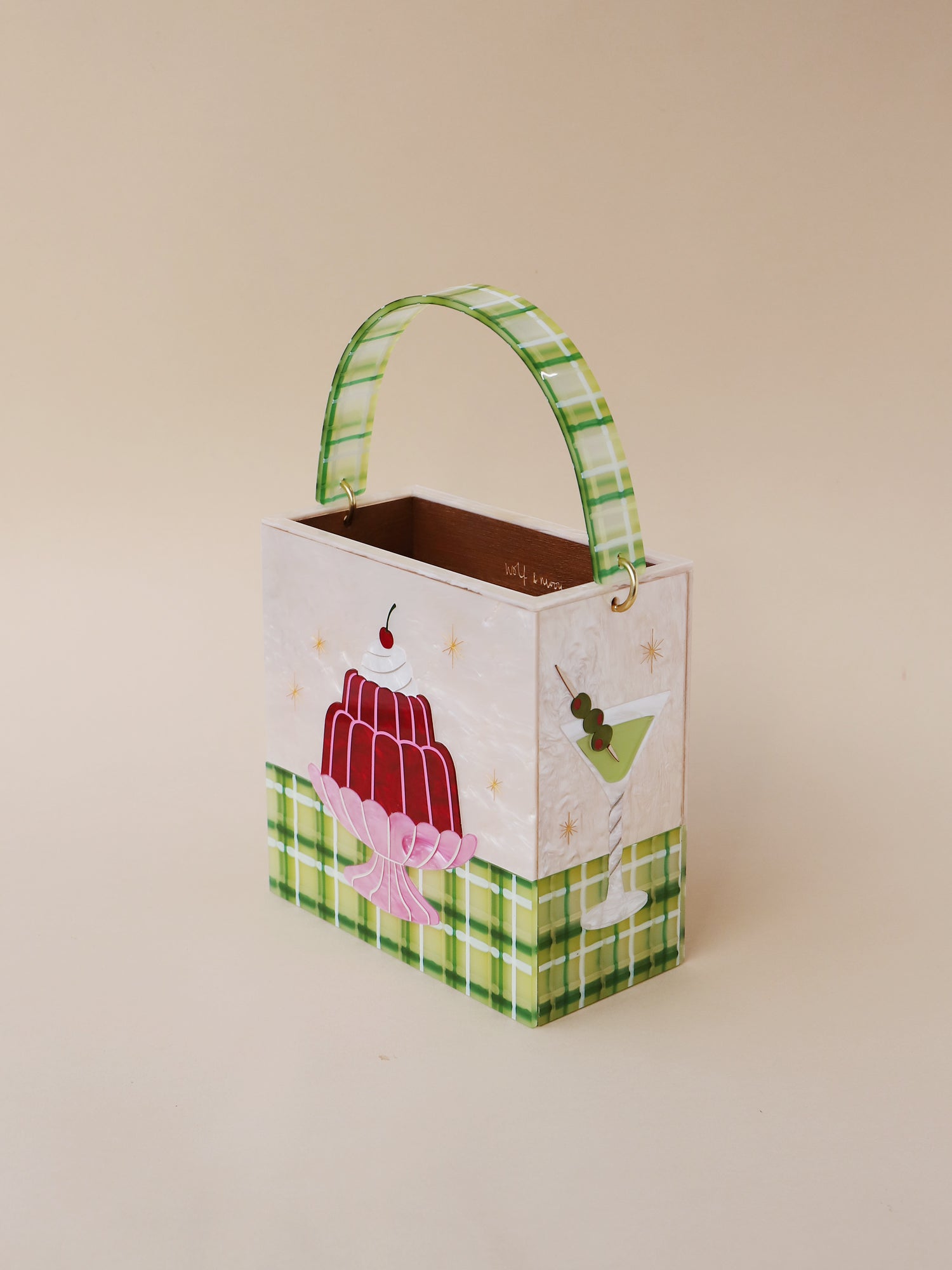 Dinner party themed bag. Made with an acrylic exterior, FSC-approved wood interior and solid brass findings. Handmade in the UK by Wolf & Moon.