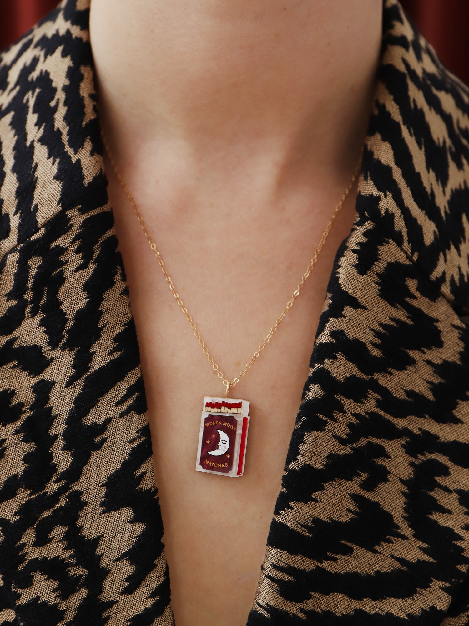 Purple & red matchbox necklace. Made from acrylic with 14k gold-filled findings & chain. Handmade in the UK by Wolf & Moon.