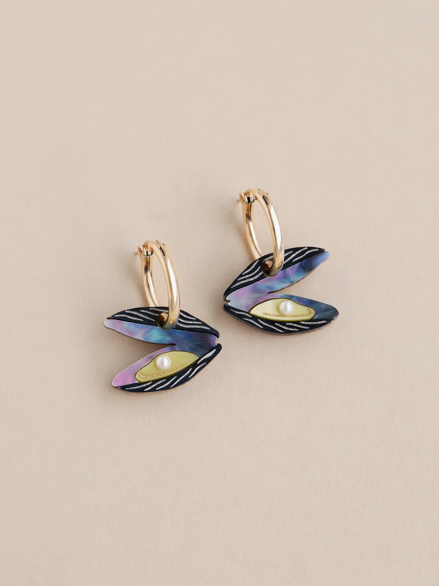 Blue mussel hoop earrings. Made from acrylic with glass pearls and 14k gold-filled findings & hoops. Handmade in the UK by Wolf & Moon.