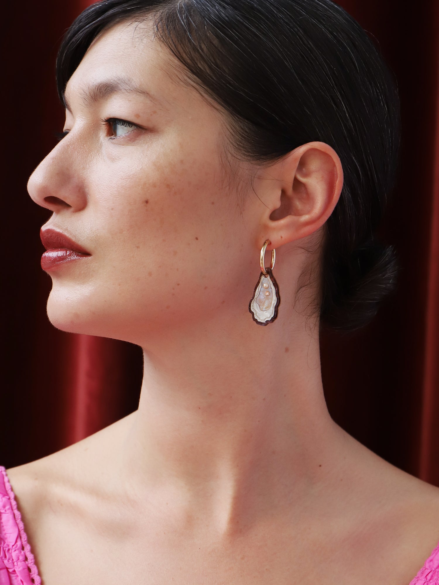 Purple oyster hoop earrings. Made from acrylic with high quality glass crystals and 14k gold-filled findings & hoops. Handmade in the UK by Wolf & Moon.