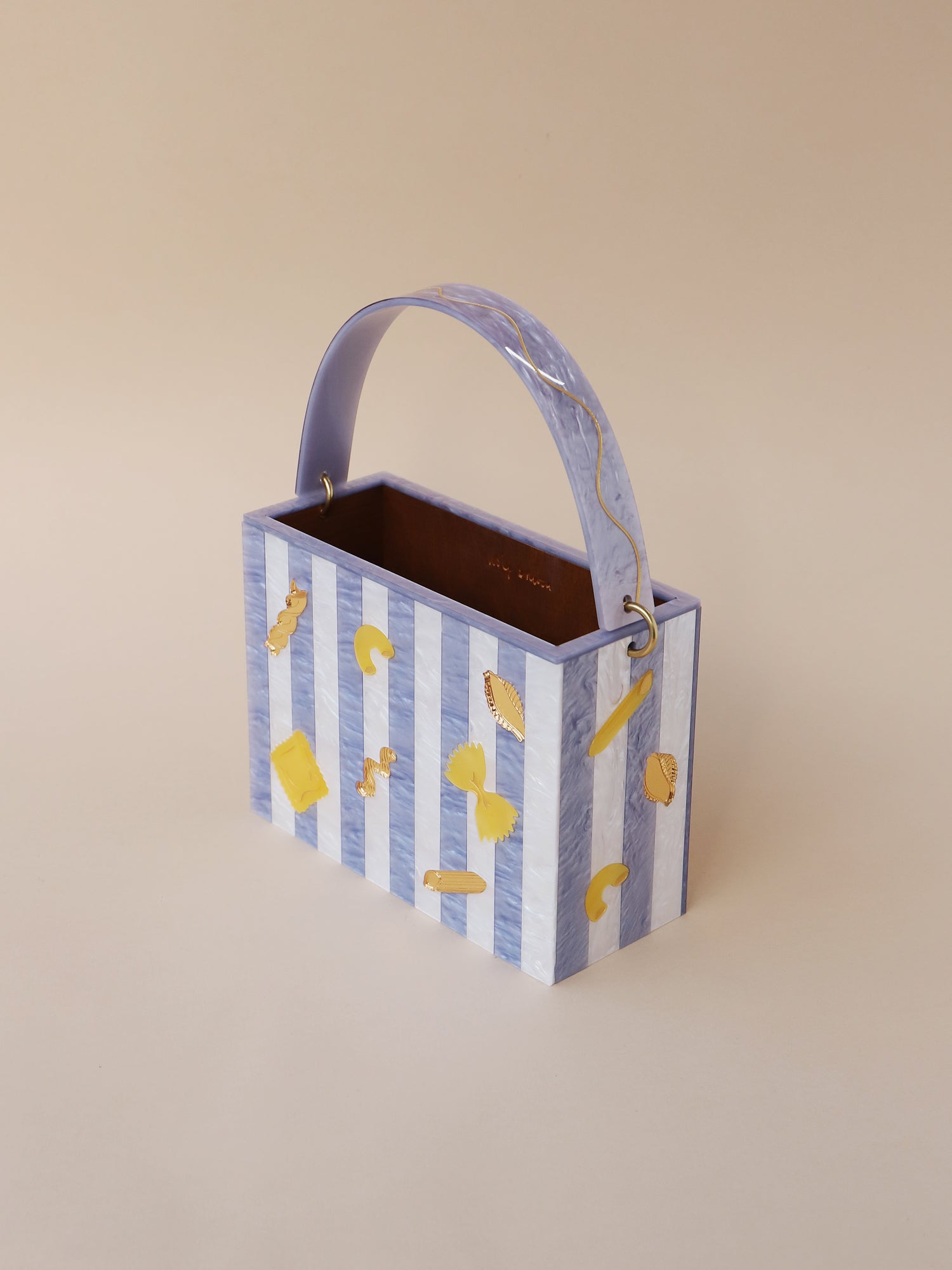 Striped pasta bag. Made with an acrylic exterior, FSC-approved wood interior and solid brass findings. Handmade in the UK by Wolf & Moon.