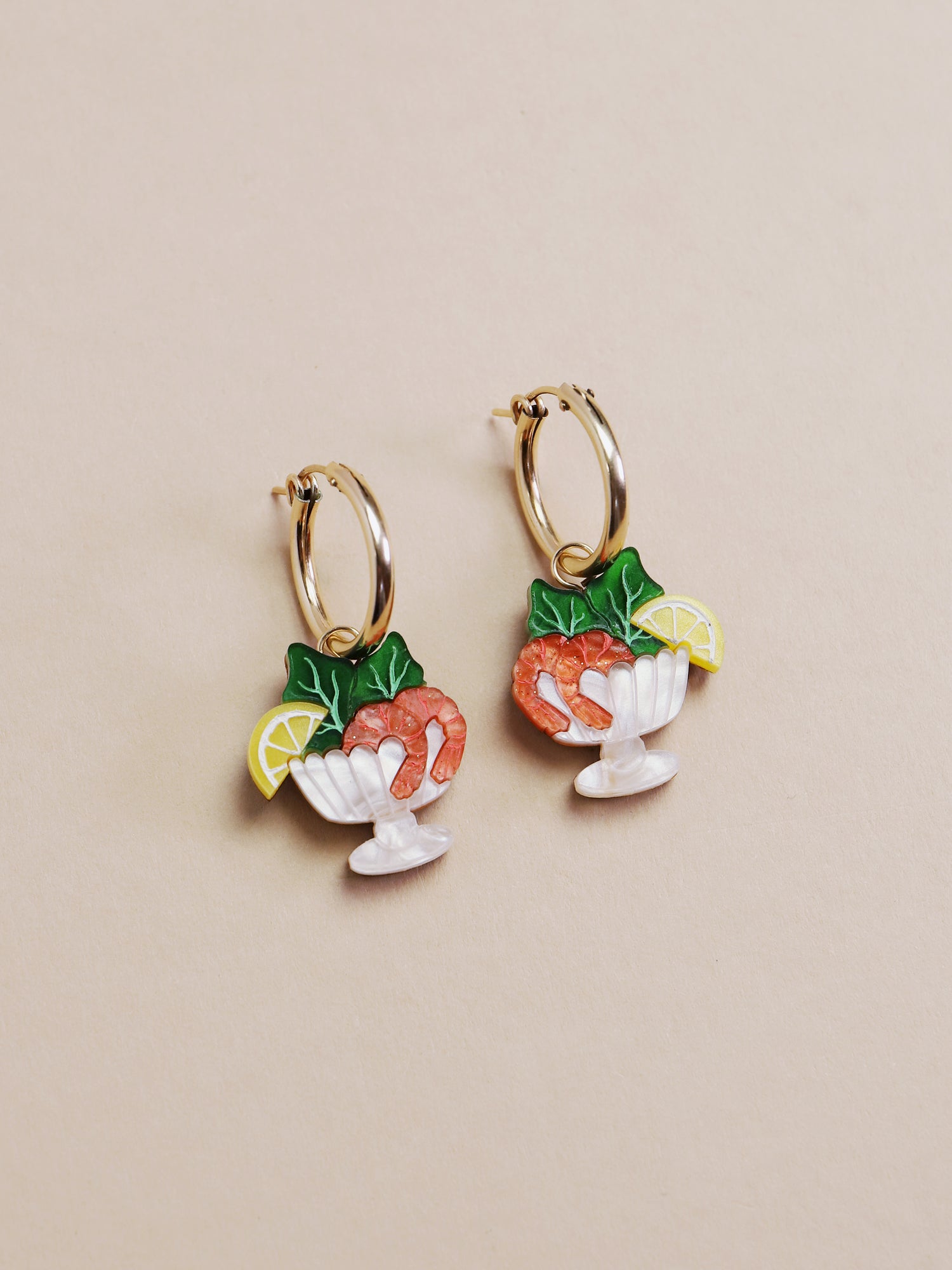 Prawn cocktail bowl hoop earrings. Made from acrylic with 14k gold-filled findings & hoops. Handmade in the UK by Wolf & Moon.