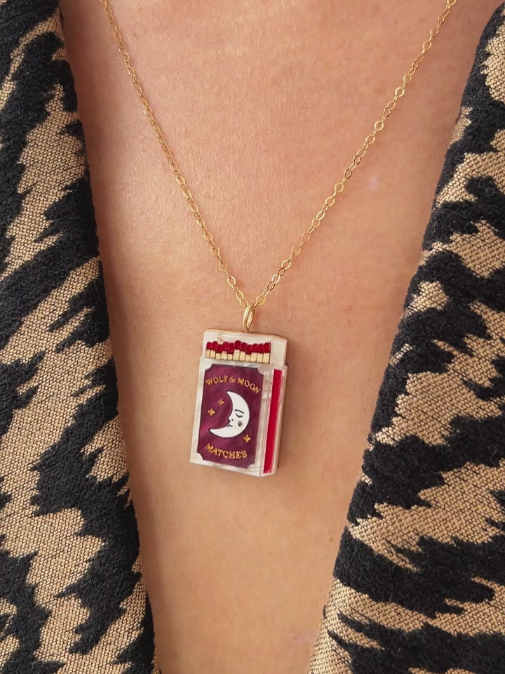 Purple & red matchbox necklace. Made from acrylic with 14k gold-filled findings & chain. Handmade in the UK by Wolf & Moon.
