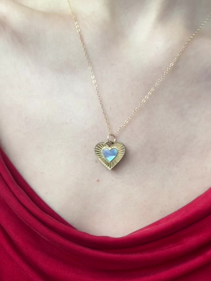 Blue & gold heart necklace. Made from acrylic, blue mother of pearl with 14k gold-filled findings & chain. Handmade in the UK by Wolf & Moon.