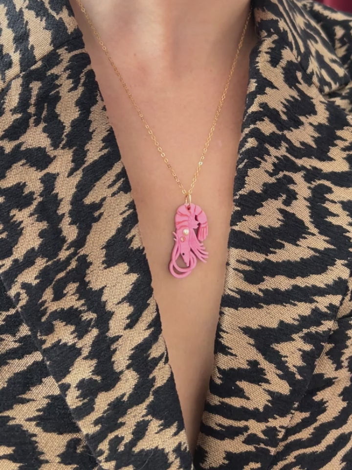 Pink shrimp necklace. Made from acrylic with high quality glass crystals & pearls with a 14k gold-filled chain. Handmade in the UK by Wolf & Moon.
