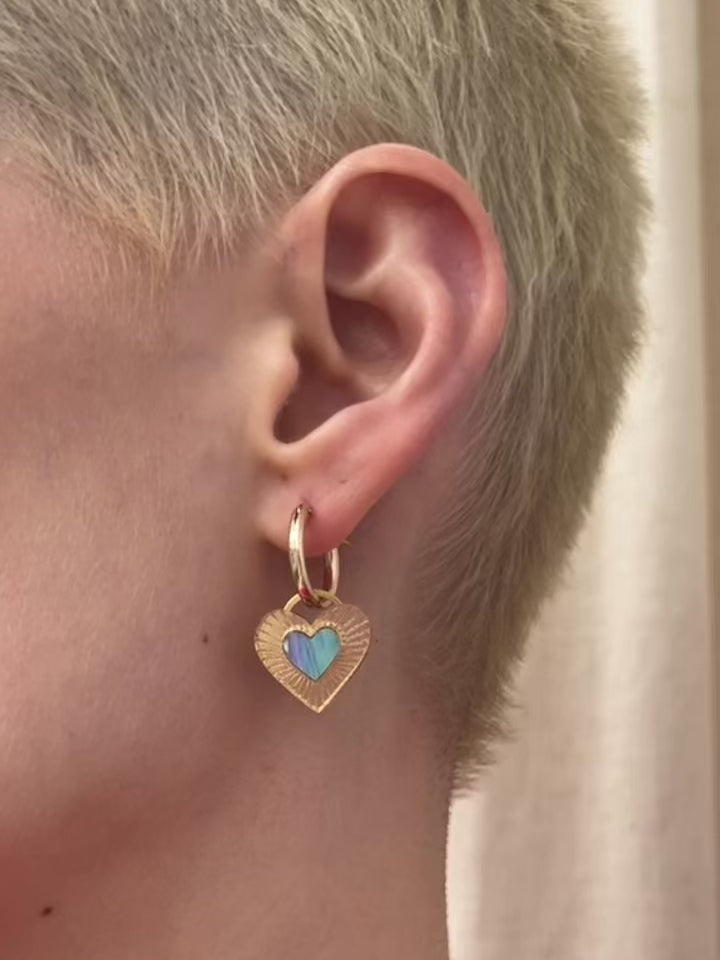 Blue & gold heart hoop earrings. Made from acrylic, blue mother of pearl and 14k gold-filled findings & hoops. Handmade in the UK by Wolf & Moon.