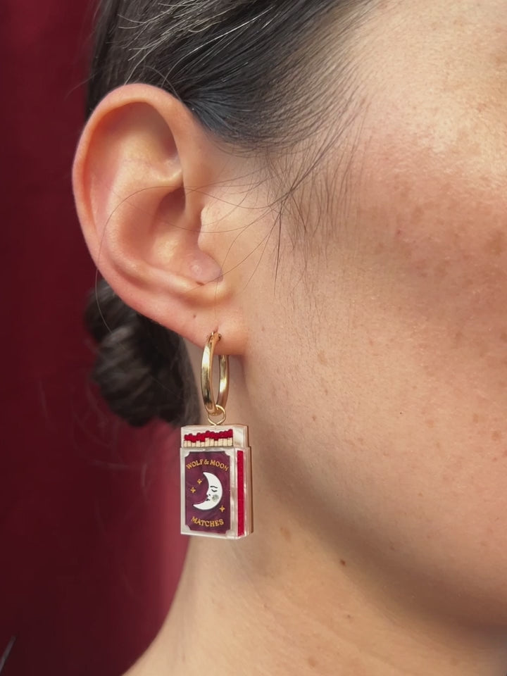 Purple & red matchbox hoop earrings. Made from acrylic with 14k gold-filled findings & hoops. Handmade in the UK by Wolf & Moon.