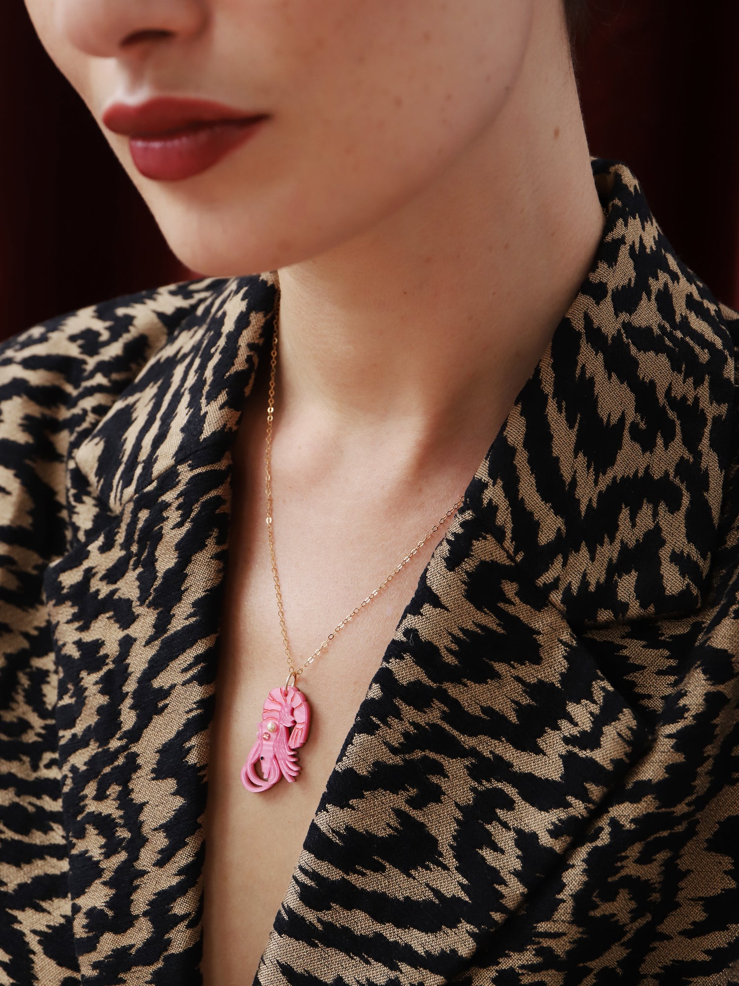 Pink shrimp necklace. Made from acrylic with high quality glass crystals & pearls with a 14k gold-filled chain. Handmade in the UK by Wolf & Moon.
