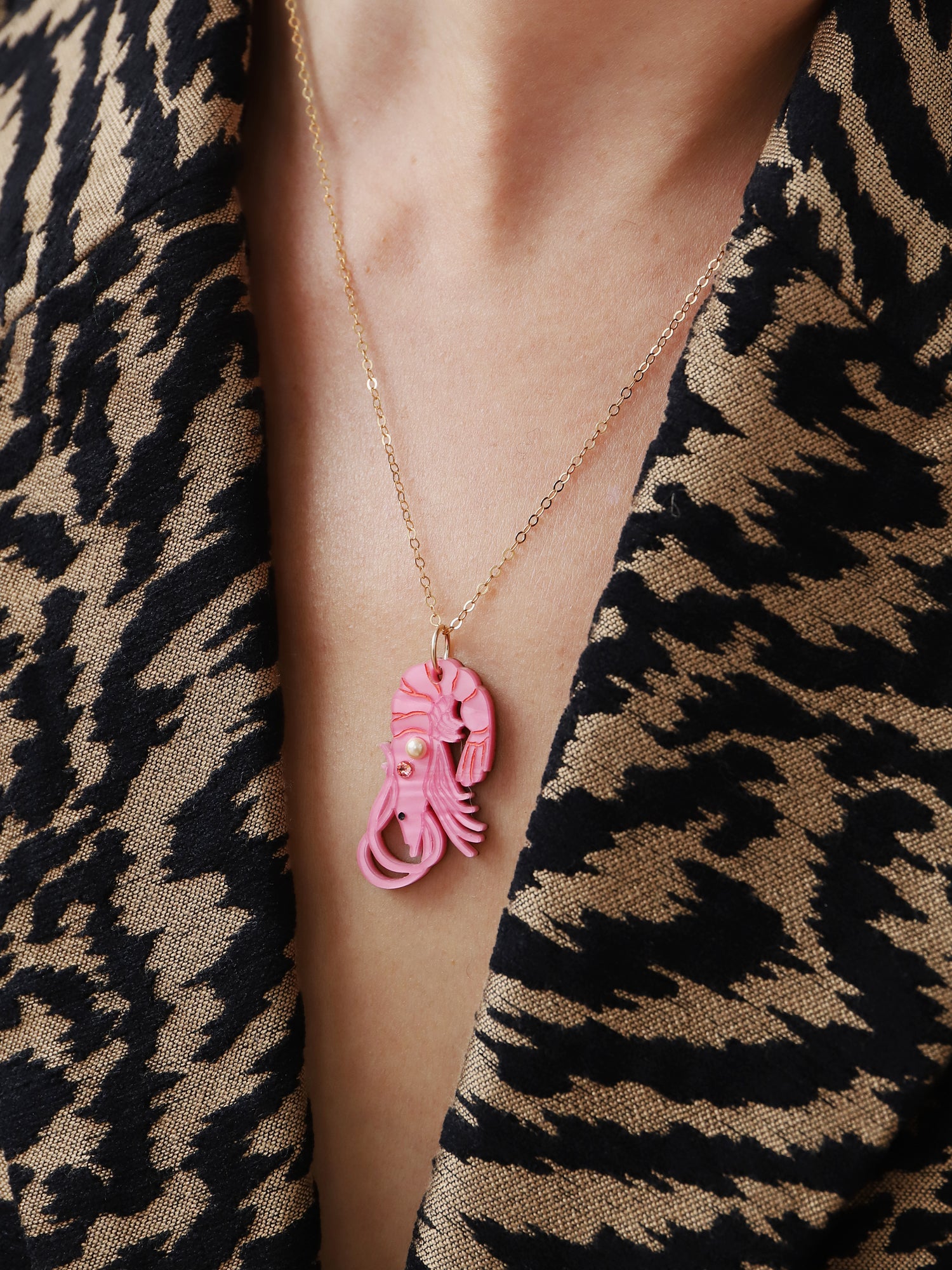 Pink shrimp necklace. Made from acrylic with high quality glass crystals & pearls with a 14k gold-filled chain. Handmade in the UK by Wolf & Moon.