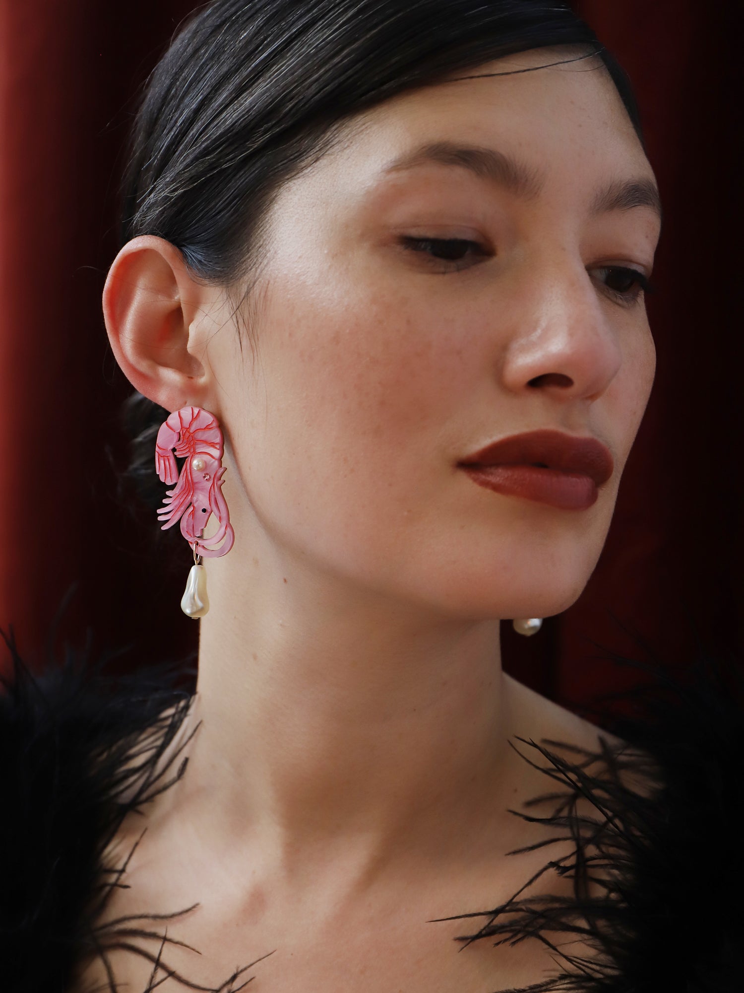 Pink shrimp earrings. Made from acrylic with high quality glass crystals & pearls and 14k gold-filled findings. Handmade in the UK by Wolf & Moon.
