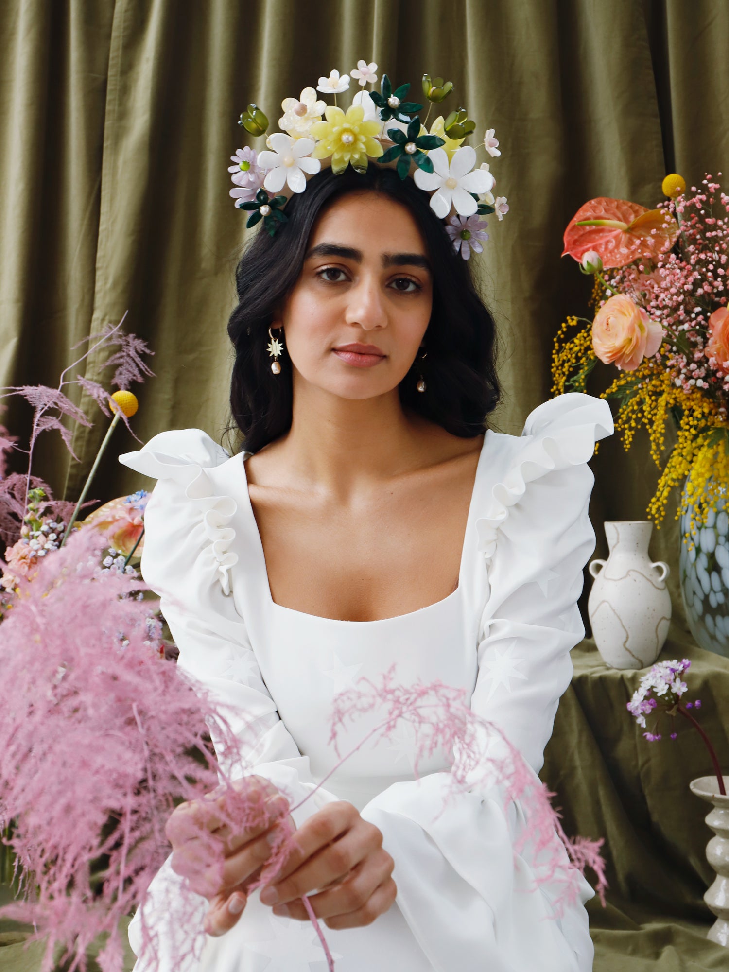 Hand-formed flower acrylic headpiece. Made from acrylic, FSC approved wood with gold-tone or black metal hair combs. Handmade in the UK by Wolf & Moon.