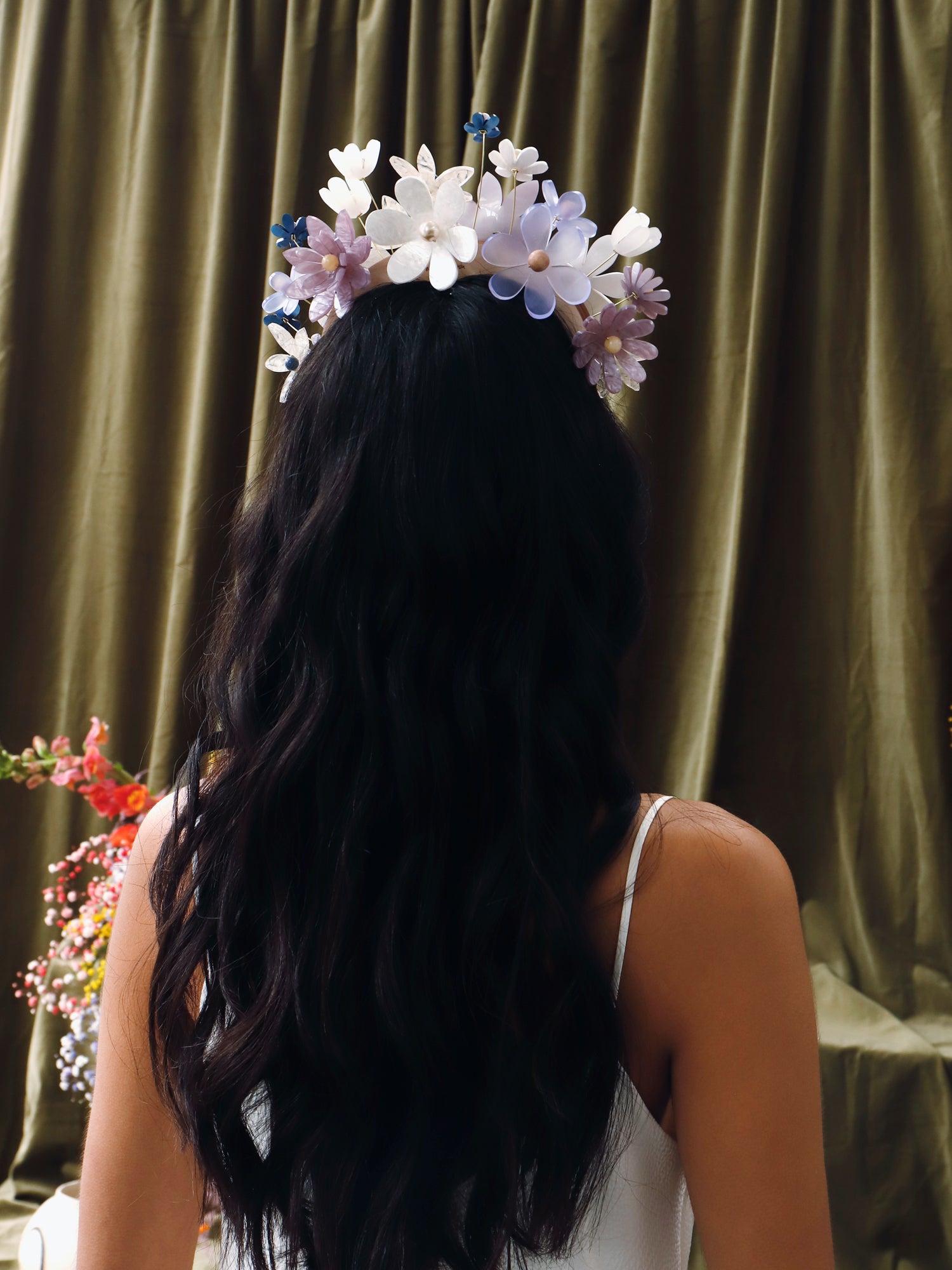 Hand-formed flower acrylic headpiece. Made from acrylic, FSC approved wood with gold-tone or black metal hair combs. Handmade in the UK by Wolf & Moon.