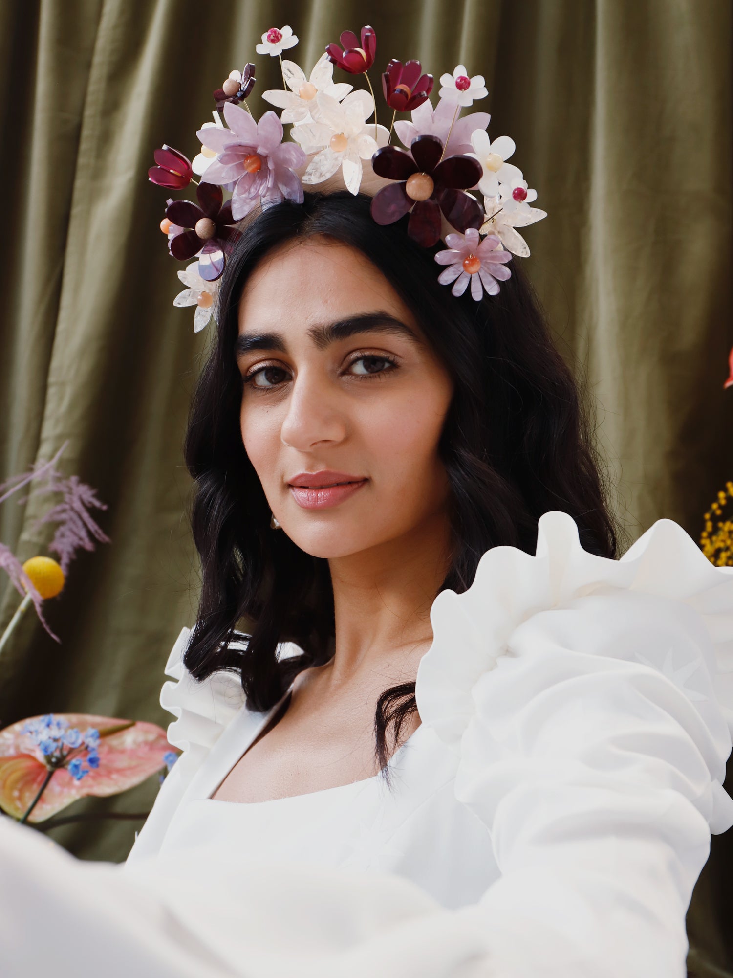 Hand-formed flower acrylic headpiece. Made from acrylic, FSC approved wood with gold-tone or black metal hair combs. Handmade in the UK by Wolf & Moon.
