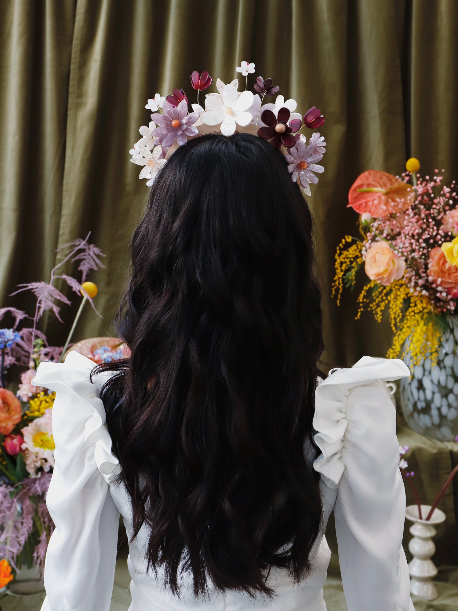 Hand-formed flower acrylic headpiece. Made from acrylic, FSC approved wood with gold-tone or black metal hair combs. Handmade in the UK by Wolf & Moon.