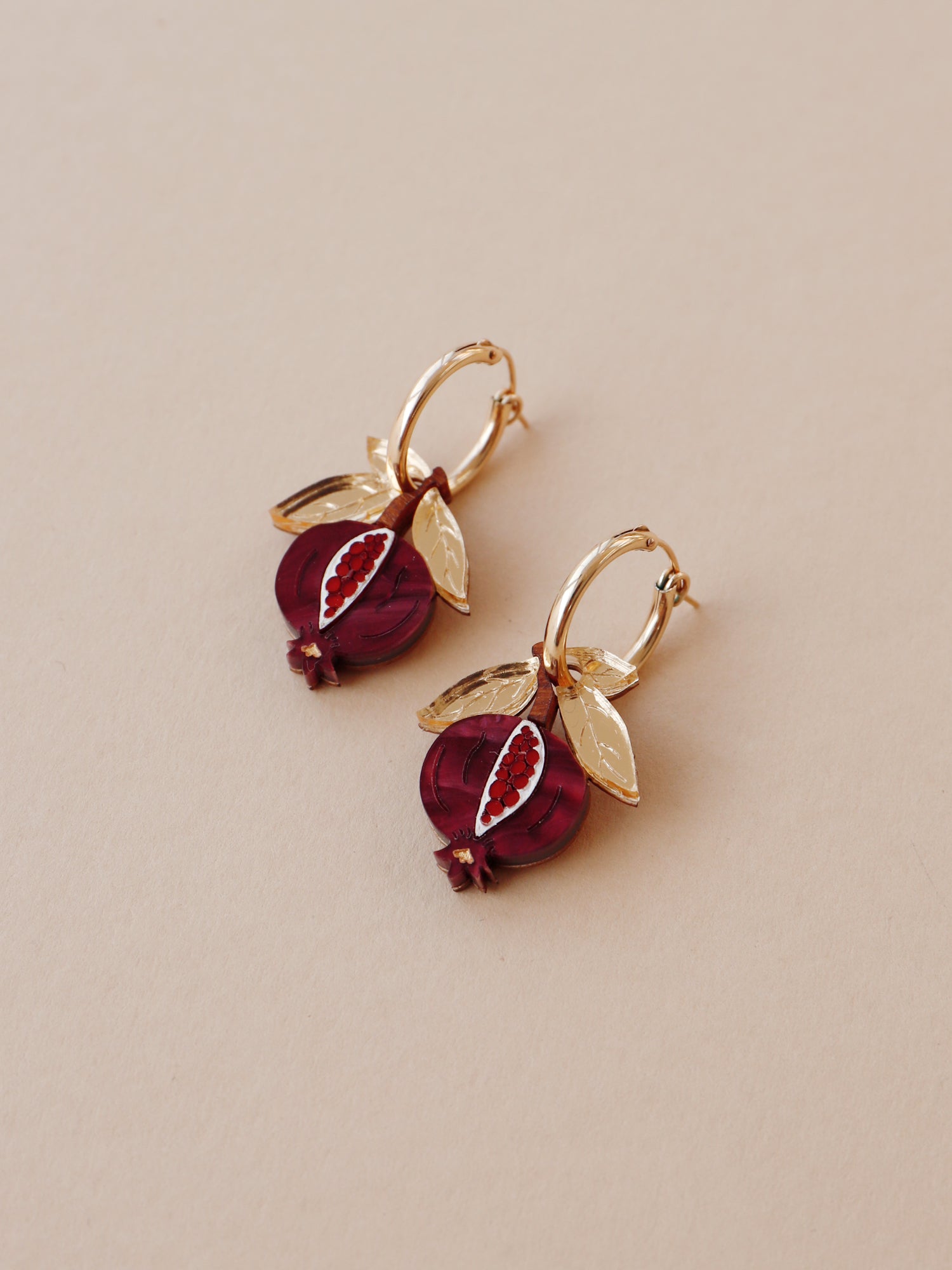 Mini Pomegranate Hoops. Original jewellery handmade in the U.K. by Wolf & Moon.